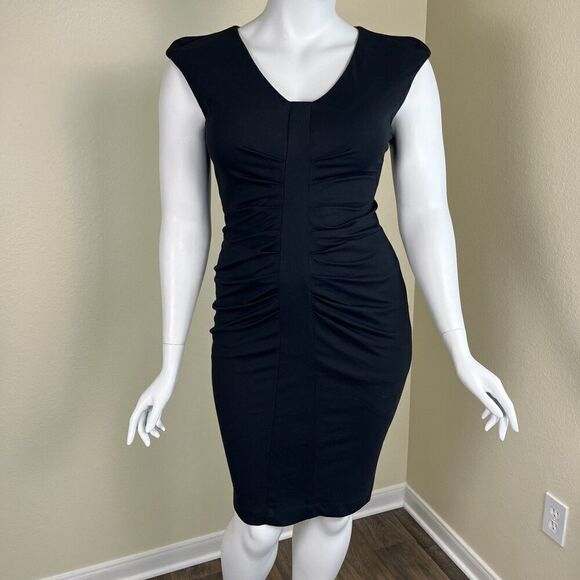 Iris Setlakwe Women's Size 10 Black Ruched Cap Sleeves Bodycon Sheath Dress - Picture 15 of 16